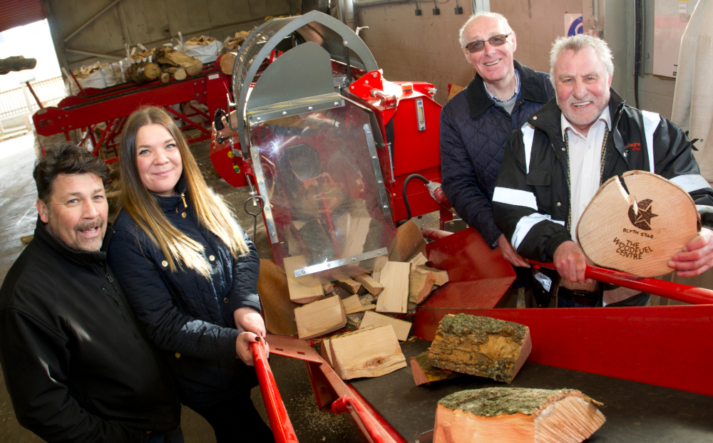 (L to R) Woodfuel Centre Manager, Neil Hedley with Faye Dent and Eric Morgan from the Reece Foundation with Gordon Moore, Chief Executive at Blyth Star Enterprises.